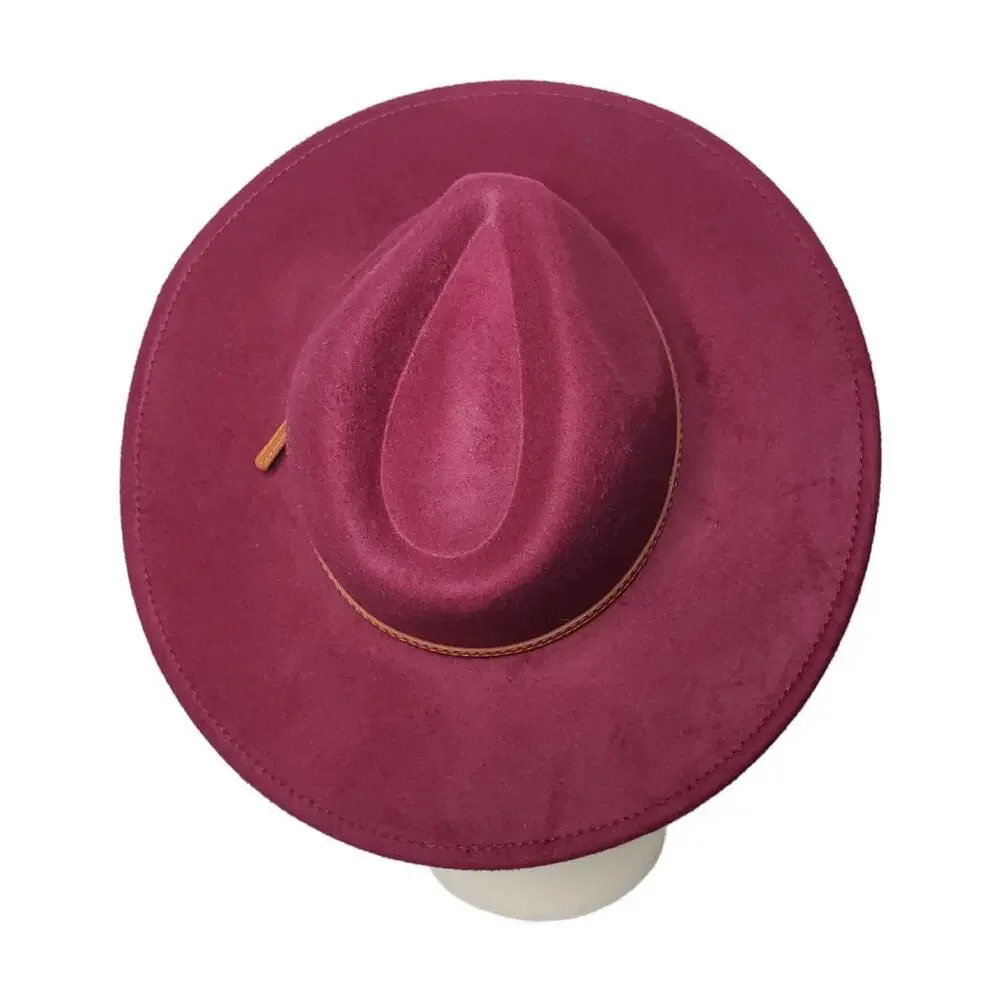 NWT Women's Wine Wide Brim Felt Fedora Hat Faux Leather Detail